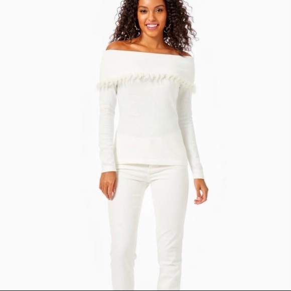Lilly Pulitzer Alira Cashmere Blend Faux Fur Trim Knit Pullover Sweater White - Picture 3 of 10